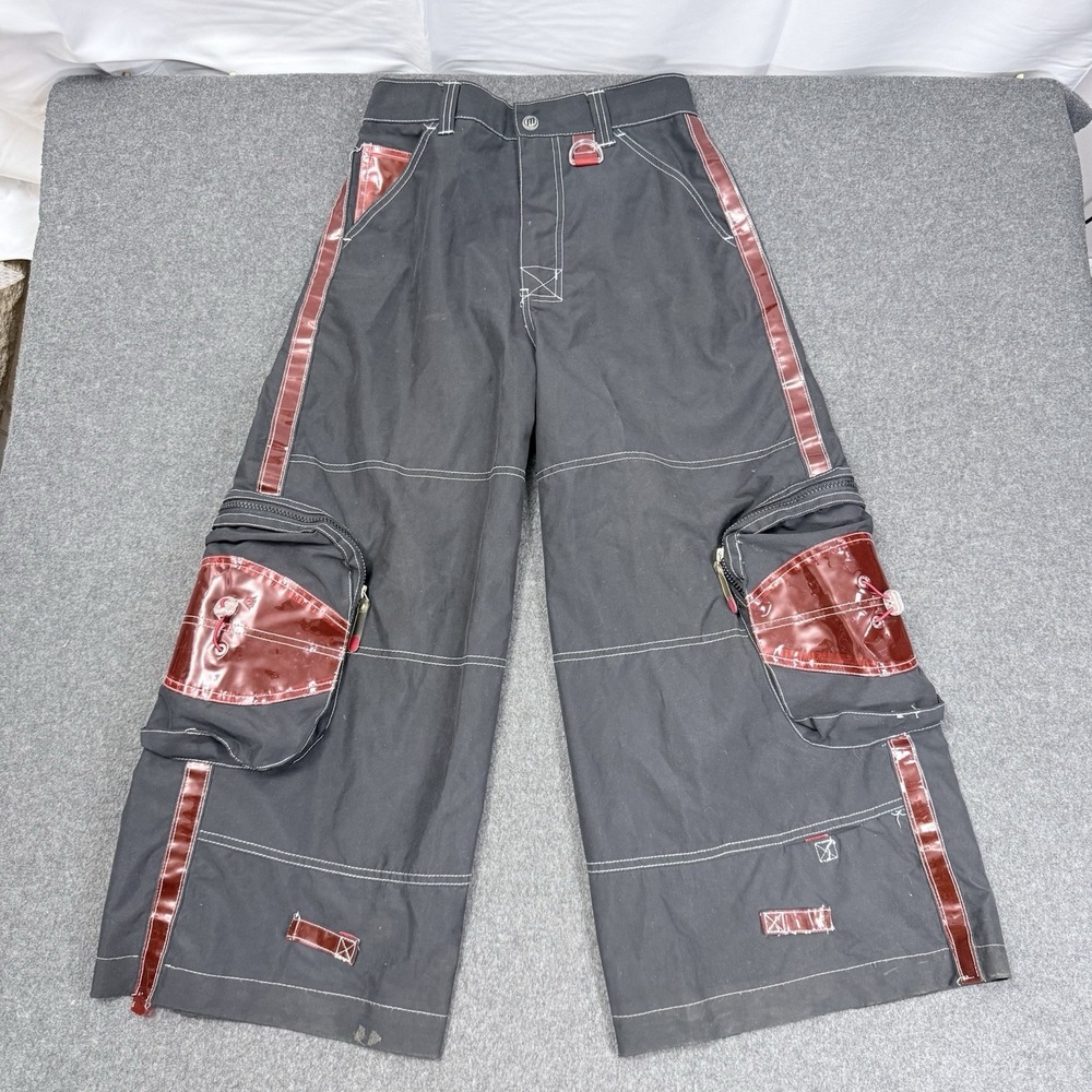 Macgear Cargo Pants Y2K Tech Wide Leg Black Red Strap Size 28